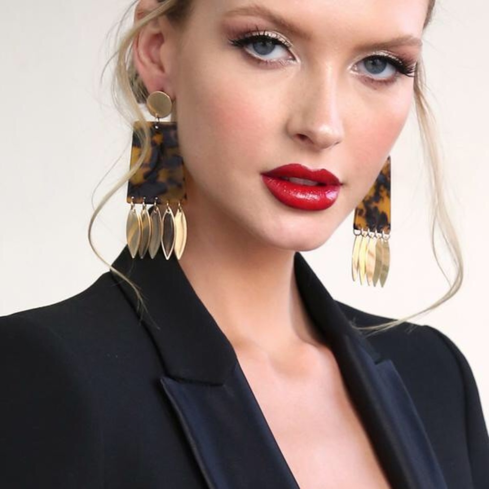 Statement Earrings Tortoise Resin Gold Petal Charm